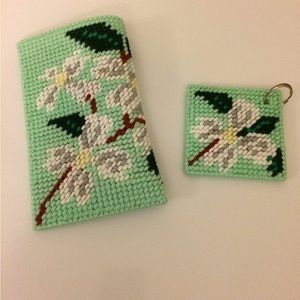 New Eyeglasses Case and Keychain Set Floral Green White Flowers Handmade Gift